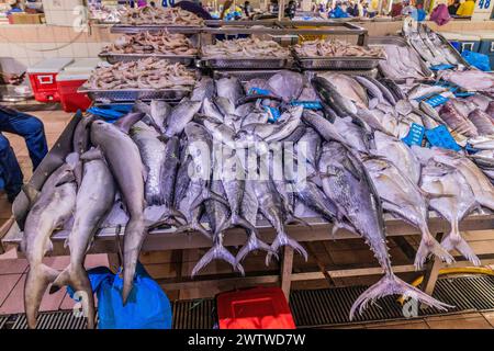 ABU DHABI, Emirati Arabi Uniti - 15 OTTOBRE 2021: Bancarelle di pesce al mercato al Mina di Abu Dhabi, Emirati Arabi Uniti. Foto Stock