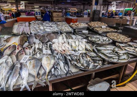 ABU DHABI, Emirati Arabi Uniti - 15 OTTOBRE 2021: Bancarelle di pesce al mercato al Mina di Abu Dhabi, Emirati Arabi Uniti. Foto Stock