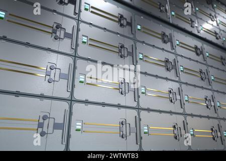 rendering 3d delle cassette di sicurezza all'interno del vault della banca Foto Stock