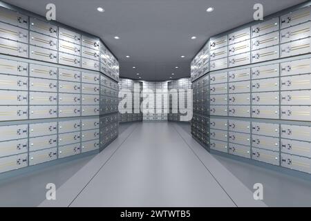 rendering 3d delle cassette di sicurezza all'interno del vault della banca Foto Stock