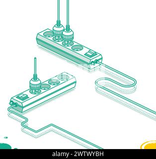 Cavo di prolunga elettrico moderno con spina. Presa multipla di alimentazione elettrica. Illustrazione vettoriale. Concetto di contorno isometrico. Due oggetti. Powerboard con Illustrazione Vettoriale