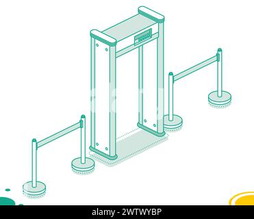 Cancello isometrico per metal detector di sicurezza aeroportuale con barriere a nastro portatili. Illustrazione vettoriale. Oggetti isolati su sfondo bianco. Illustrazione Vettoriale