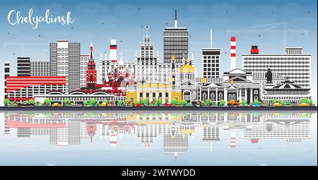 Skyline della città di Chelyabinsk in Russia con edifici colorati, cielo blu e riflessi. Illustrazione vettoriale. Paesaggio urbano di Chelyabinsk con monumenti storici. Illustrazione Vettoriale