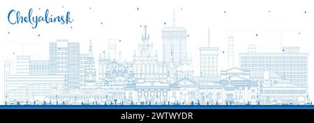 Delinea lo skyline della città di Chelyabinsk in Russia con edifici blu. Illustrazione vettoriale. Paesaggio urbano di Chelyabinsk con monumenti storici. Illustrazione Vettoriale