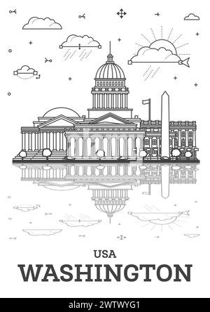 Delinea lo skyline di Washington DC USA City con edifici moderni e riflessi isolati sul bianco. Illustrazione vettoriale. Paesaggio urbano di Washington DC. Illustrazione Vettoriale