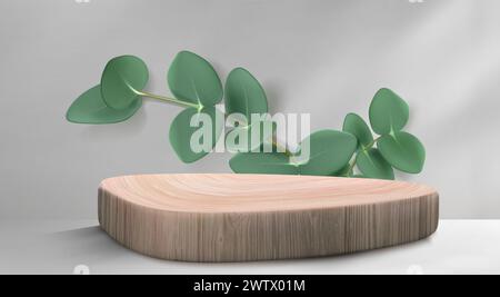 podio in legno 3d per l'esposizione del prodotto sullo sfondo. Piedistallo in legno in stile studio minimalista con luce e foglie di eucalipto. La piattaforma di bellezza vuota in bianco o grigio offre uno sfondo realistico. Illustrazione Vettoriale