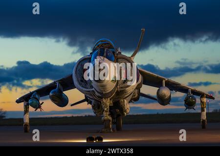 Harrier GR3 in tutta la sua gloria al tramonto sfoggia il suo Artic Camouflage appena dipinto Foto Stock