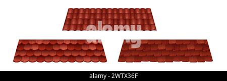 Motivo a trama rossa per tetti vettoriali. Illustrazione dei cartoni animati sul tetto in argilla. Copertura in legno per la casa dal design color terracotta. Elemento decorativo per superfici isolate per esterni classico marrone Illustrazione Vettoriale