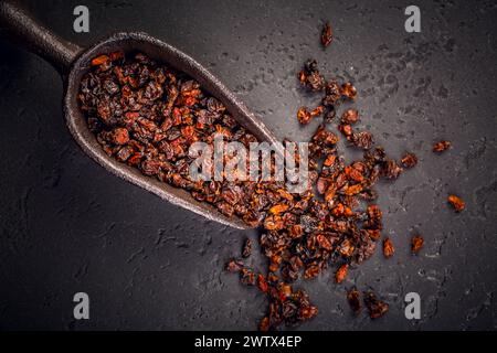 Berberi secchi organici e paletta su terreno nero Foto Stock