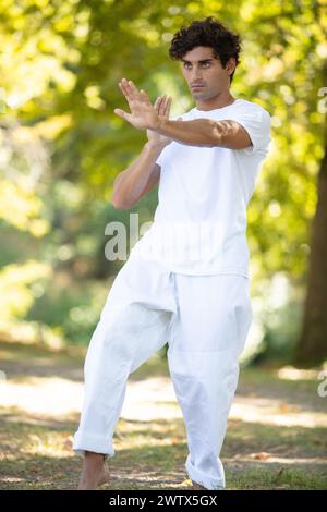 uomo indiano ispirato che fa asana yoga nel parco cittadino Foto Stock