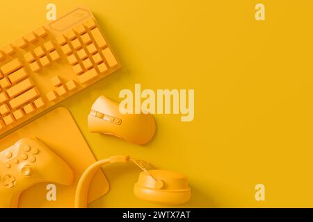 Configurazione ordinata dell'ufficio domestico con gadget tecnologici come una tastiera wireless, controller di gioco e cuffie su sfondo monocromatico Foto Stock