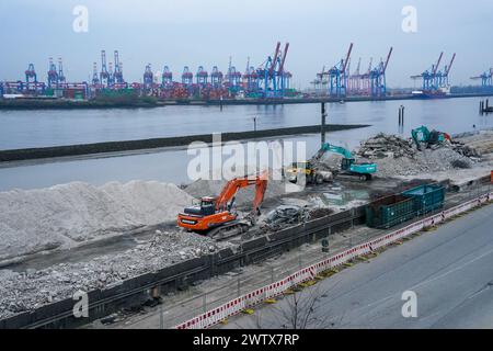 Amburgo, Germania. 20 marzo 2024. Un escavatore rimuove le macerie durante i lavori di demolizione sulla grosse Elbstrasse al mercato del pesce nel porto di Amburgo. Crediti: Marcus Brandt/dpa/Alamy Live News Foto Stock