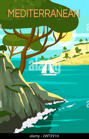 Poster Mediterraneo, paesaggio mare vacanza Europa. Montagne, alberi, porto, barca a vela, tramonto. Viaggio vacanza estate viaggio. Vettore stile vintage Illustrazione Vettoriale