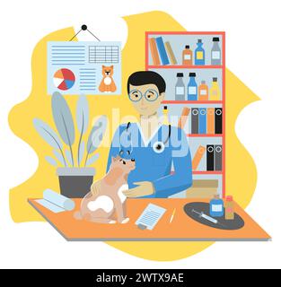 Medico veterinario che esamina e cura il cane. Clinica veterinaria, servizio sanitario, centro medico per animali domestici, cura degli animali domestici e concetto di salute Illustrazione Vettoriale