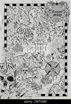 Mappa fantasy vintage con terra sconosciuta, navi, cranio, bussola e creature su sfondo testurizzato. Avventure dei pirati, caccia al tesoro e vecchia navetta Illustrazione Vettoriale