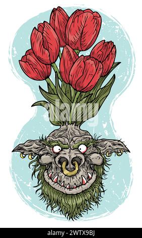 Illustrazione vettoriale colorata disegnata a mano con una simpatica faccia di demone o gnomo incisa come radice del bellissimo fiore primaverile di Tulip isolato su un giardino bianco Illustrazione Vettoriale