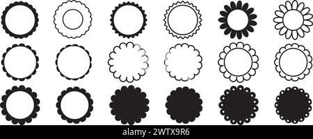 Profili dei contorni di capesante. Bordo circolare rettangolare con grazioso motivo in pizzo. Collezione decorativa vettoriale di ornamenti rotondi Illustrazione Vettoriale