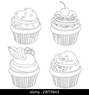 Raccolta di cupcake su sfondo bianco. Muffin e torte glassati con zucchero e spolverini. Set di dessert per prodotti da forno. Pagina da colorare in bianco e nero Foto Stock