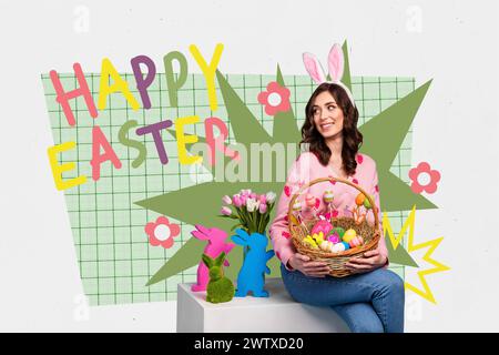 Collage di banner di una donna incantevole che si gode una festa a tema per il giorno di pasqua, isolata su sfondo disegnato Foto Stock