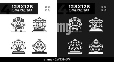 Le attrazioni della zona fieristica pixel Perfect icone lineari impostate per la modalità buia e luminosa Illustrazione Vettoriale