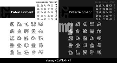 Icone lineari perfette per le attività di intrattenimento impostate per la modalità buia e luce Illustrazione Vettoriale