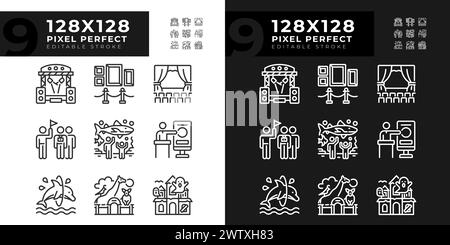 Icone lineari perfette per gli eventi di intrattenimento impostate per la modalità buia e luce Illustrazione Vettoriale