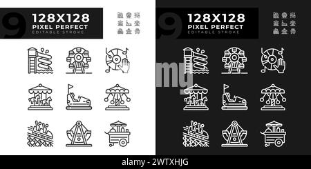 Le attrazioni del parco divertimenti pixel Perfect icone lineari impostate per la modalità buia e luminosa Illustrazione Vettoriale