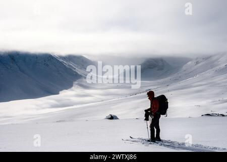 Sciatore nordico/sciatore sulle montagne invernali di Jotunheim, Norvegia Foto Stock