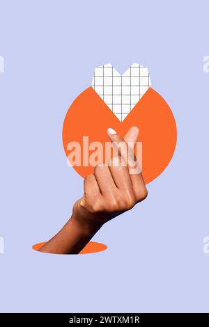 Collage fotografico verticale di palme nere americane mostrano il segno d'amore coreano cuore rosso movimento popolare isolato su sfondo dipinto Foto Stock