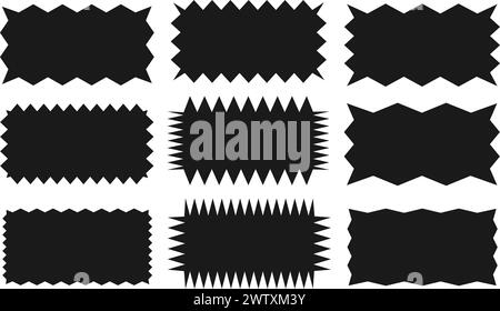 Raccolta di rettangoli con bordi frastagliati. Una serie di forme rettangolari a zig-zag irregolari. Colore nero. Elementi isolati per la progettazione di caselle di testo, pulsanti, Illustrazione Vettoriale