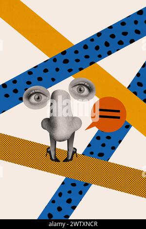 Immagine collage verticale di mini colori bianco e nero, gambe con tacco alto, occhi grandi, dialogo, comunicazione con bolle isolata sullo sfondo del disegno Foto Stock