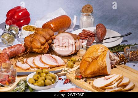 abbondanza di prelibatezze di carne su uno sfondo di cemento circondato da varie spezie ed erbe aromatiche, olive, peperoni Foto Stock