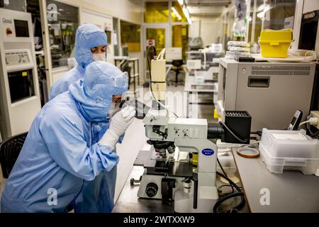 DELFT - i dipendenti lavorano nella camera bianca Else Kooi durante un tour stampa di un laboratorio di camera bianca nel campus tu Delft. In questi laboratori vengono studiate le innovazioni per l'industria dei chip. ANP ROBIN UTRECHT netherlands Out - belgio Out Foto Stock