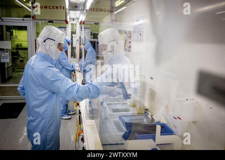 DELFT - i dipendenti lavorano nella camera bianca Else Kooi durante un tour stampa di un laboratorio di camera bianca nel campus tu Delft. In questi laboratori vengono studiate le innovazioni per l'industria dei chip. ANP ROBIN UTRECHT netherlands Out - belgio Out Foto Stock