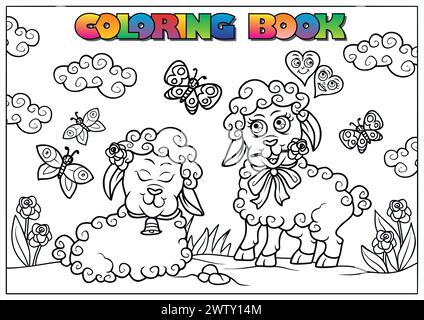 Libro da colorare di Pasqua per i bambini - i piccoli agnelli pascolano nei prati Illustrazione Vettoriale