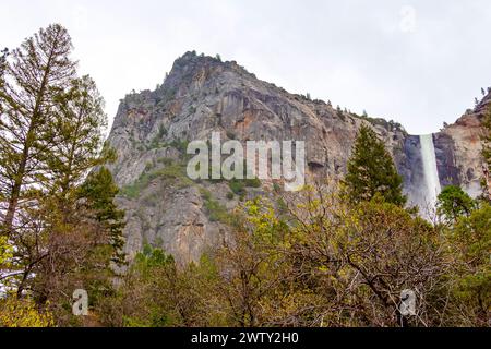 Cascate di Bridal Veil. Parco nazionale di Yosemite. La famosa cascata del velo nuziale o il ritratto orizzontale della cascata, il flusso d'acqua di sorgente bassa, la scogliera di roccia di granito. Parco nazionale di Yosemite, Sierra Nevada, California, Stati Uniti Foto Stock