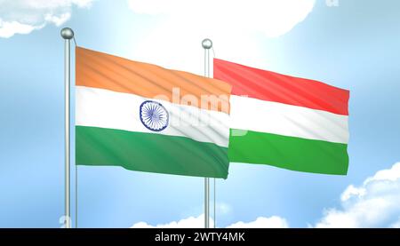 Bandiera 3D di India e Ungheria sul cielo blu con sole splendente Foto Stock