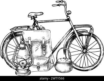 Bicicletta con attrezzatura da campeggio. Illustrazione vettoriale del ciclo con zaino in stile line art. Disegno monocromatico disegnato a mano di oggetti sportivi per l'avventura. Incisione per escursioni dipinta da inchiostri neri. Illustrazione Vettoriale