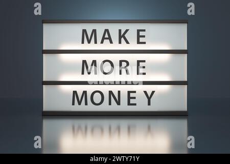 Scatola luminosa cinematografica classica in miniatura che mostra le parole GUADAGNANO DI PIÙ su sfondo scuro. Concetto di ambizione di guadagnare denaro e flussi di reddito Foto Stock