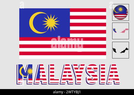 Bandiera e mappa della Malesia in un grafico vettoriale Illustrazione Vettoriale
