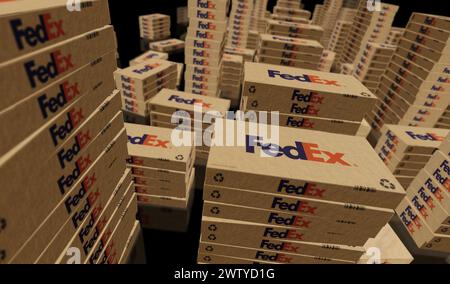 Poznan, Polonia, 12 marzo 2024: Linea di produzione della scatola di consegna FedEx. Società di spedizioni espresso federale. Fabbrica di confezioni di cartone. Concetto astratto 3d illu Foto Stock