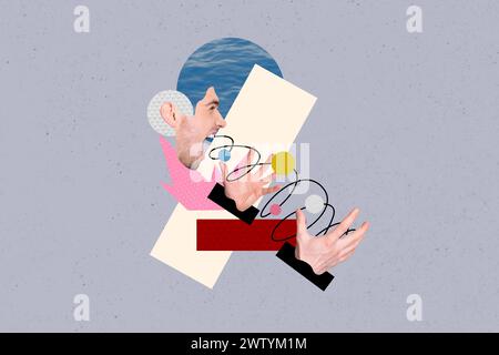 Collage fotografico composito di giovane uomo urla rabbia depressione fatica argomentare aggressività rompere isolato su sfondo dipinto Foto Stock