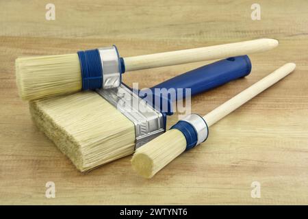 3 vari tipi di pennelli da pittura su sfondo in legno Foto Stock