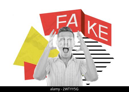 Collage fotografico composito di giovane uomo arrabbiato urla mal di testa false informazioni inganno vittima di phishing isolato su sfondo dipinto Foto Stock