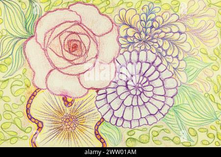 Fantasia floreale con fiori, foglie e olive. La tecnica di taglio vicino ai bordi offre un effetto di messa a fuoco morbido a causa della rugosità alterata della superficie di Foto Stock