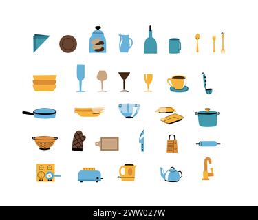 Set di icone colorate degli utensili da cucina. Utensili da cucina per cucinare. Stile cartoni animati con linee spesse nere. Illustrazione Vettoriale