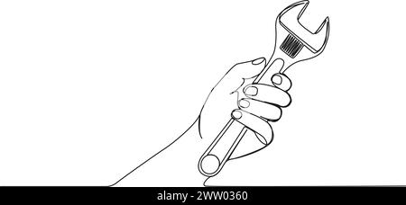 disegno continuo a linea singola della chiave regolabile di tenuta manuale, illustrazione vettoriale line art Illustrazione Vettoriale