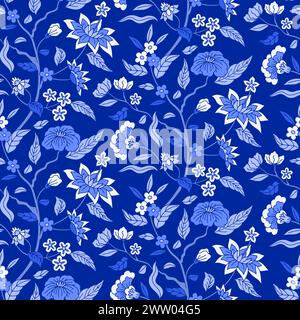 Motivo senza cuciture con motivi chinoiserie blu monocromatici disegnati a mano Illustrazione Vettoriale