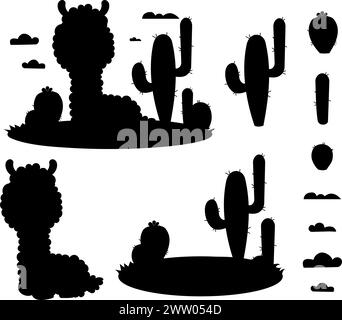 Silhouette della collezione di lama e cactus. Disegni isolati alpaca animale, glade, cactus e nuvole. Mano nera disegnata. Illustrazione vettoriale Illustrazione Vettoriale