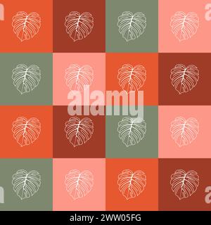 Motivo geometrico senza cuciture con foglie di monstera in un'illustrazione vettoriale a scacchi Illustrazione Vettoriale